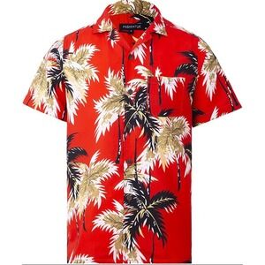 PASHARTUK‎ Mens Large Red Palm Tree Hawaiian Shirt Short Sleeve Button Up Aloha